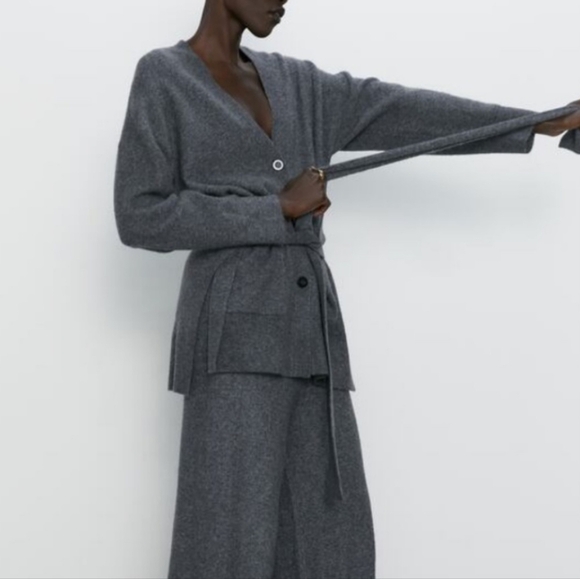 Zara Alpaca Blend Gray Cardigan Knit Sweater Belt Tie Slit Soft Cozy Size S - Picture 1 of 16